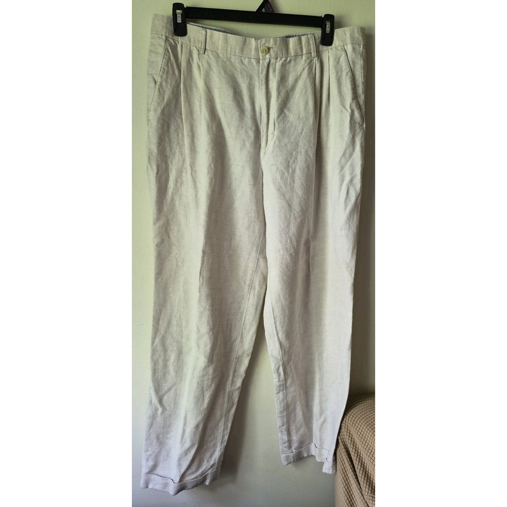Club Room Linen Pants Men's 38/32 Beige Cuffed Pleated Vacation Travel *See Pics
